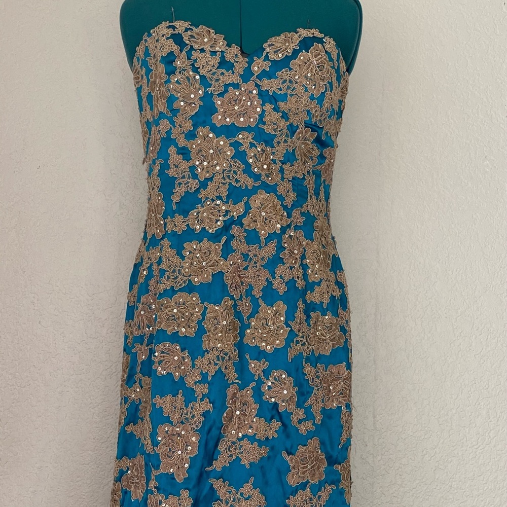 **Jovani Sweetheart Turquoise Lace Satin Mermaid Evening Gown 14 - Picture 3 of 8